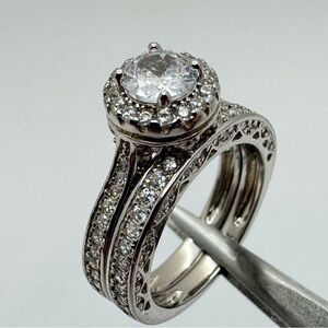 Sterling Silver CZ Halo Engagement Ring Set Two Separate Bands New